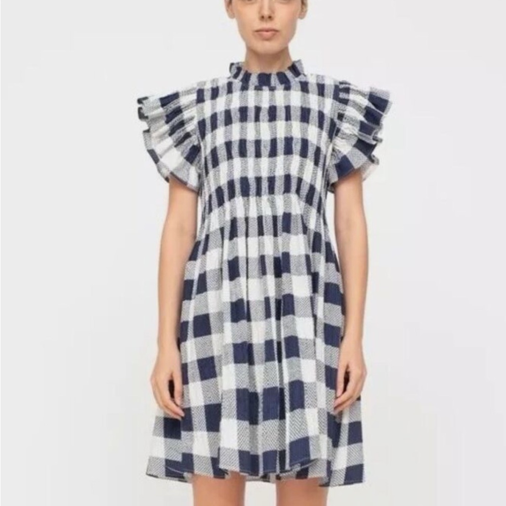 Sea New York Morgan Navy and White Ruffled Short Dress with Flutter Sleeves